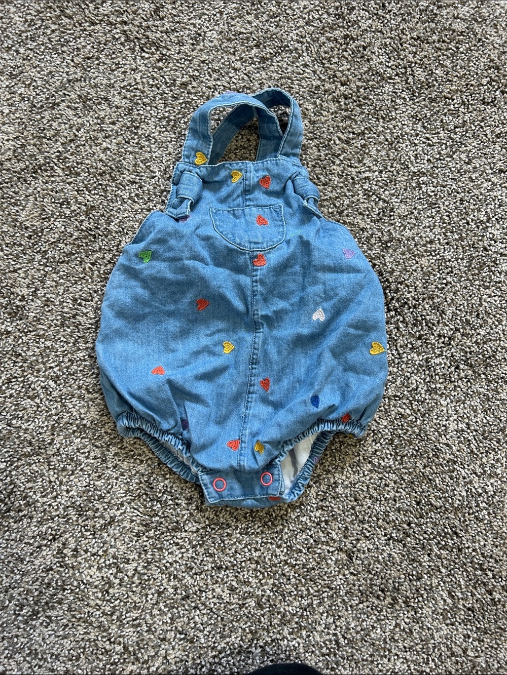 Baby Boden Blue Denim Bubble Romper with Multicolor Hearts